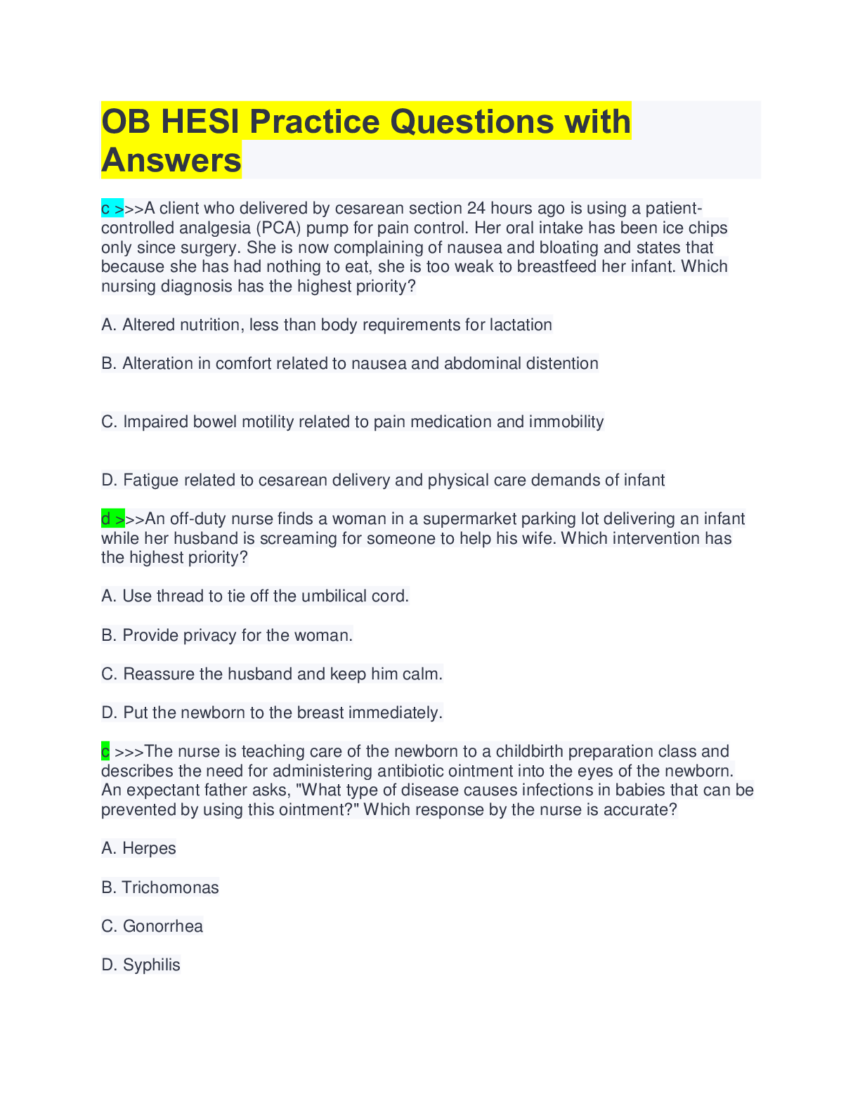 Preview image of OB HESI Practice Questions with Answers document